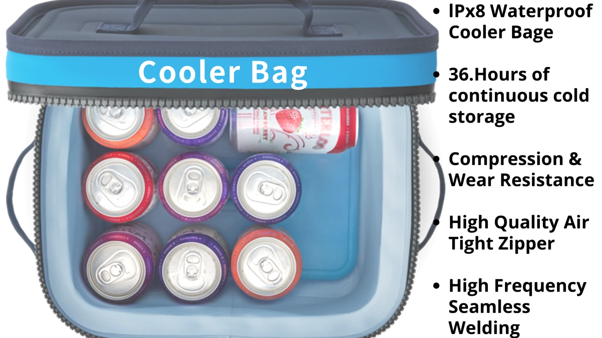 Soft cooler bag displaying beverage storage